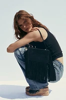 FRINGED SPLIT LEATHER MINI CROSSBODY BAG