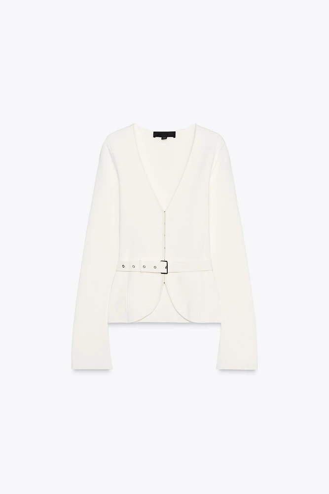 BELTED PLAIN KNIT JACKET