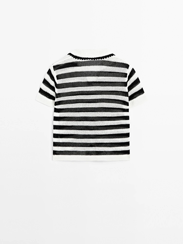 Striped cotton blend polo sweater