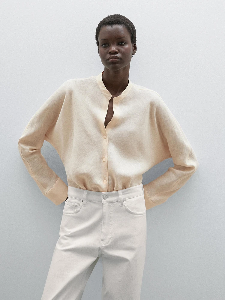 Flowing linen shirt with stand collar