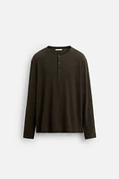COTTON LINEN BLEND BUTTON NECK T-SHIRT