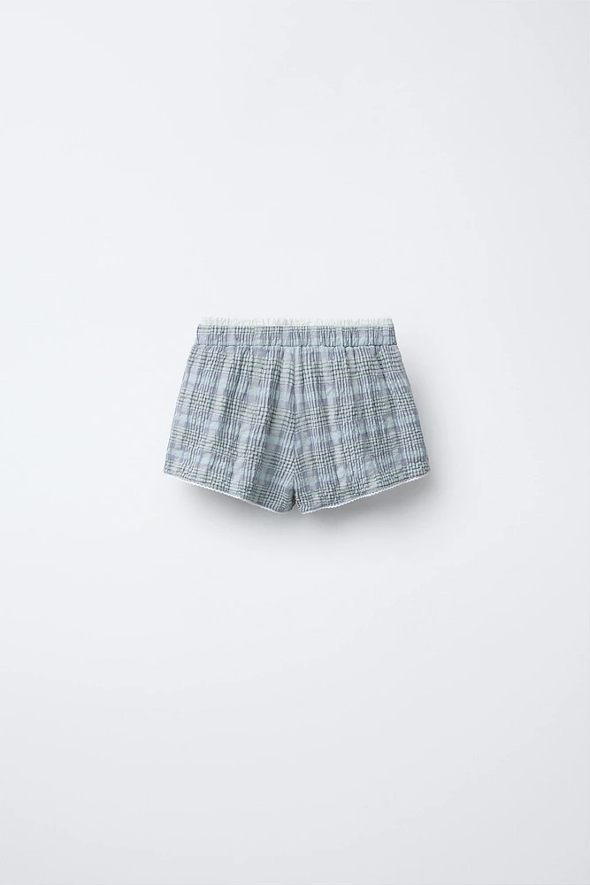 PLAID PRINT DOUBLE WAISTBAND SHORTS