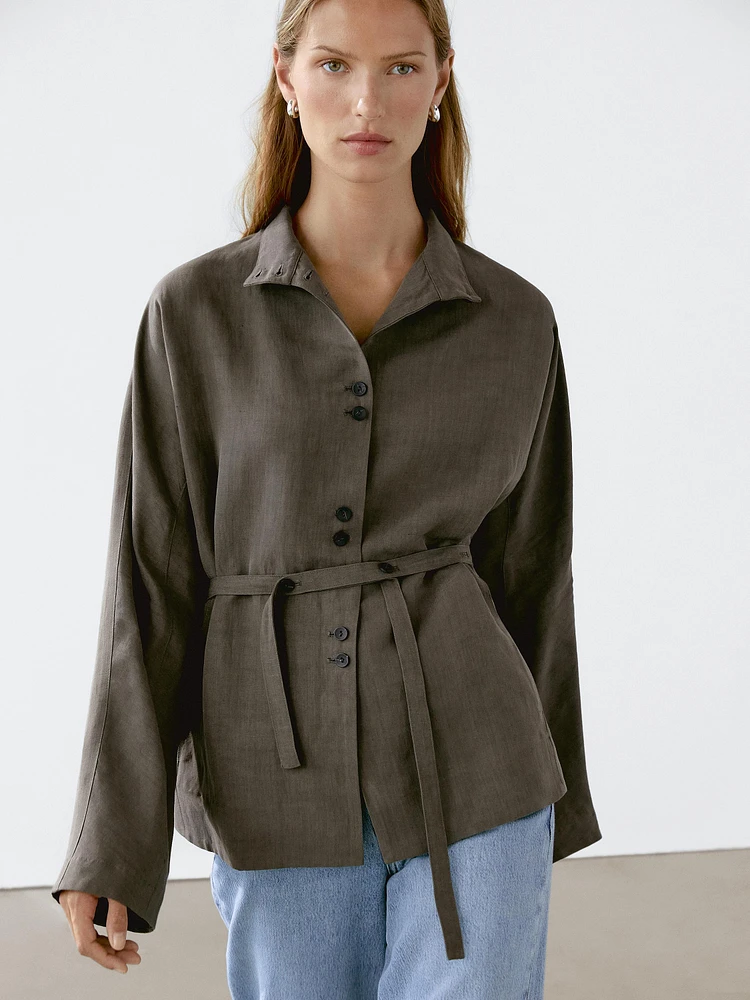 Linen blend stand collar jacket