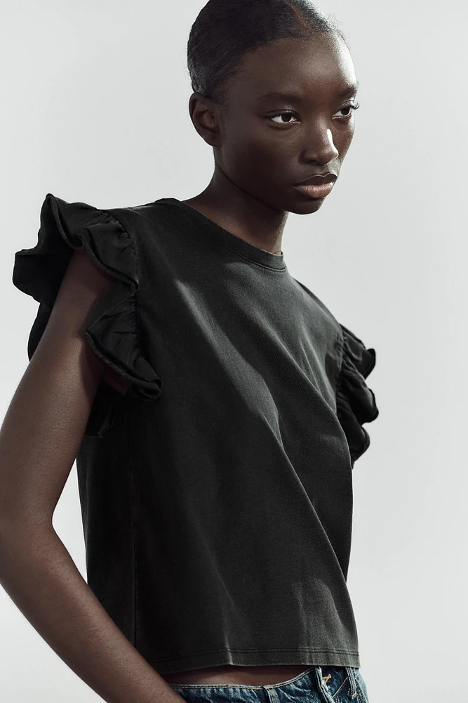 WASHED EFFECT RUFFLE T-SHIRT