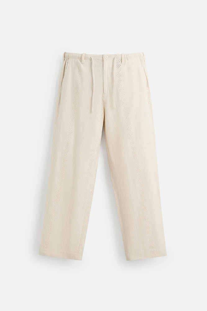 PANTALON COTON ET LIN BRODÉ PERFORÉ