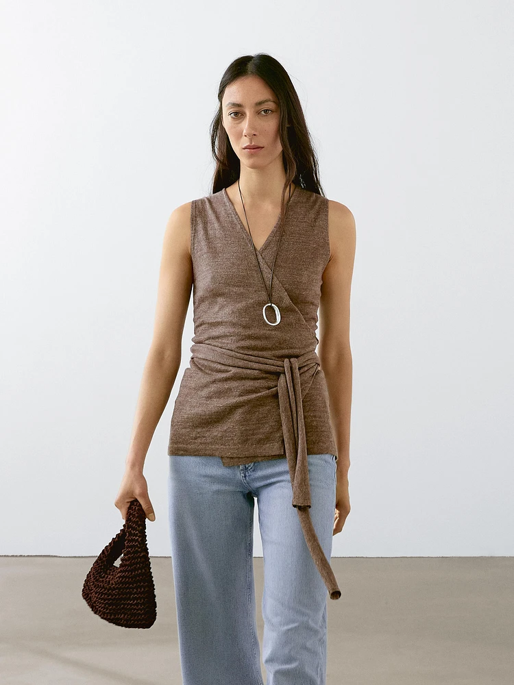 Linen blend knit crossover top