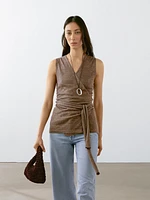 Linen blend knit crossover top