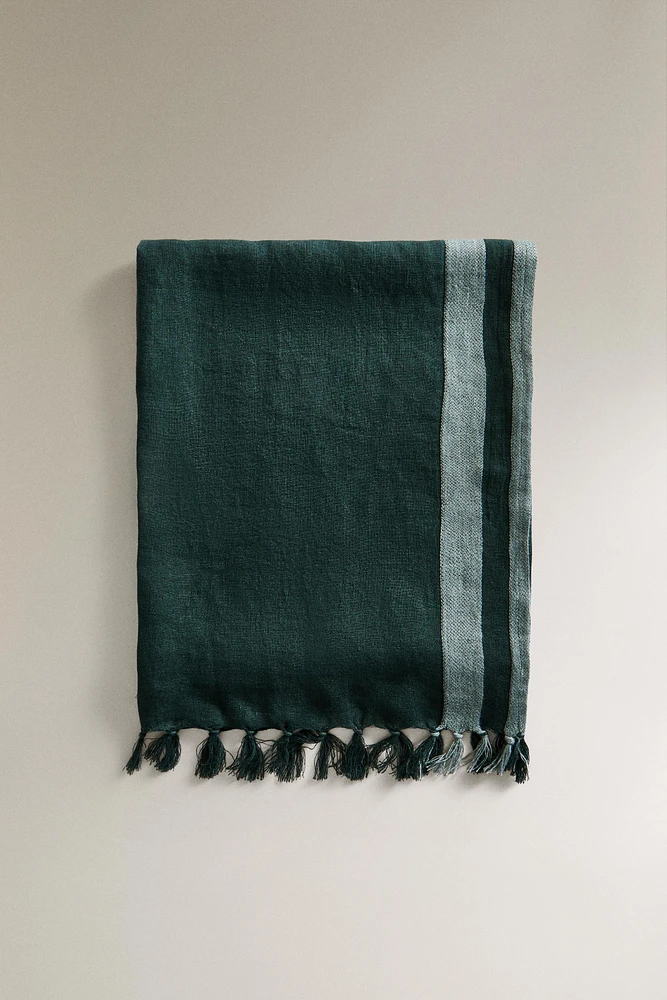 STRIPED LINEN BEACH WRAP TOWEL WITH FRINGING