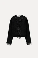 FRAYED BEADED TRIM KNIT SWEATER