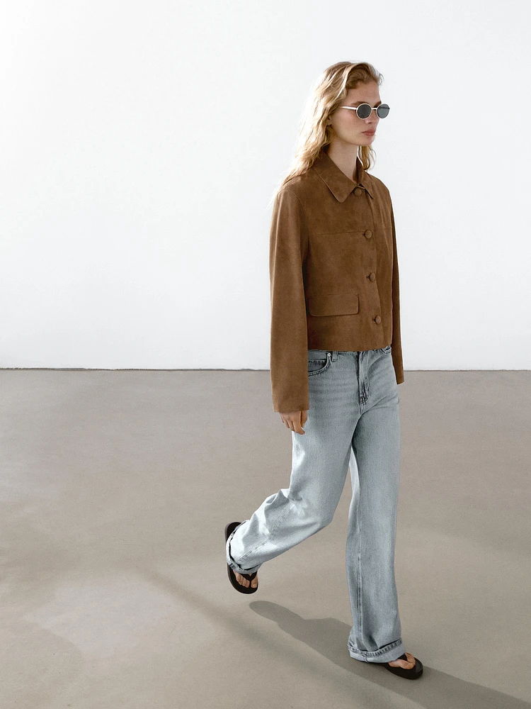 Blouson en cuir finition daim avec boutons doublés
