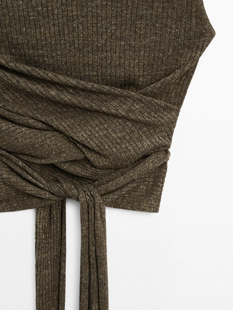Melange linen blend top with tie detail