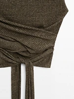 Melange linen blend top with tie detail