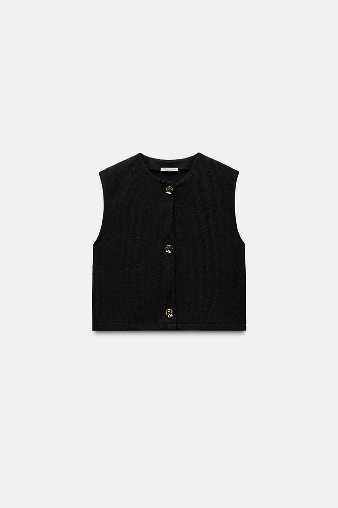 TEXTURED WEAVE VEST TOP WITH BUTTONS