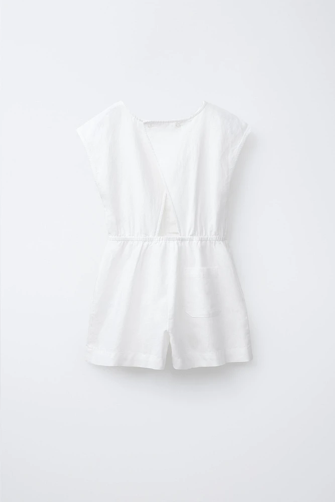 BOW DETAIL LINEN SHORT JUMPSUIT