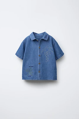 EMBROIDERED PALM TREE DENIM SHIRT
