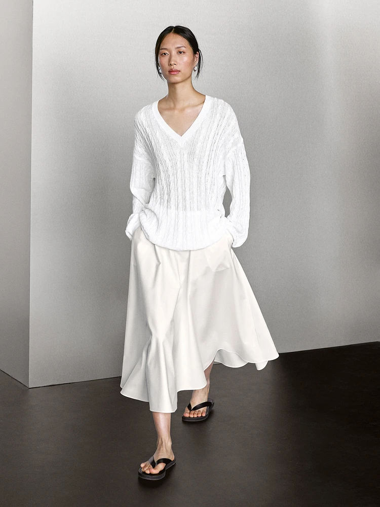 Pull coton en maille tressée ajourée