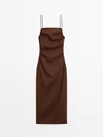 Robe midi froncée en lin mélangé