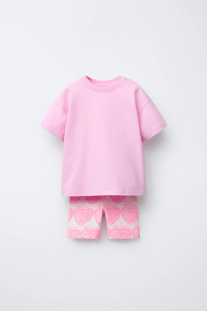 PLAIN T-SHIRT AND PRINTED BIKE SHORTS SET