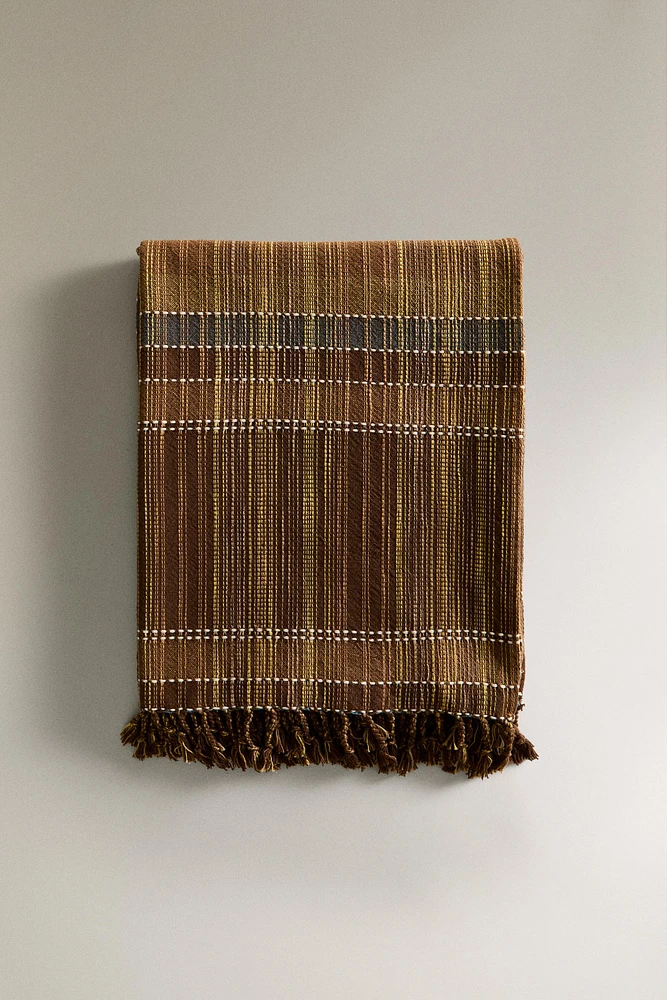 STRIPED COTTON BLANKET WITH FRINGING