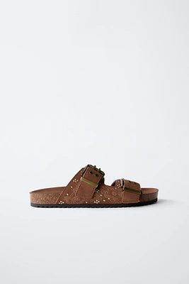 MICRO-STUD BUCKLE SUEDE SANDALS