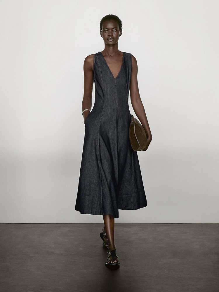 Robe midi denim coutures apparentes