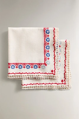 LOT SERVIETTES DE TABLE COTON BRODERIES POINT DE CROIX (LOT DE 2)