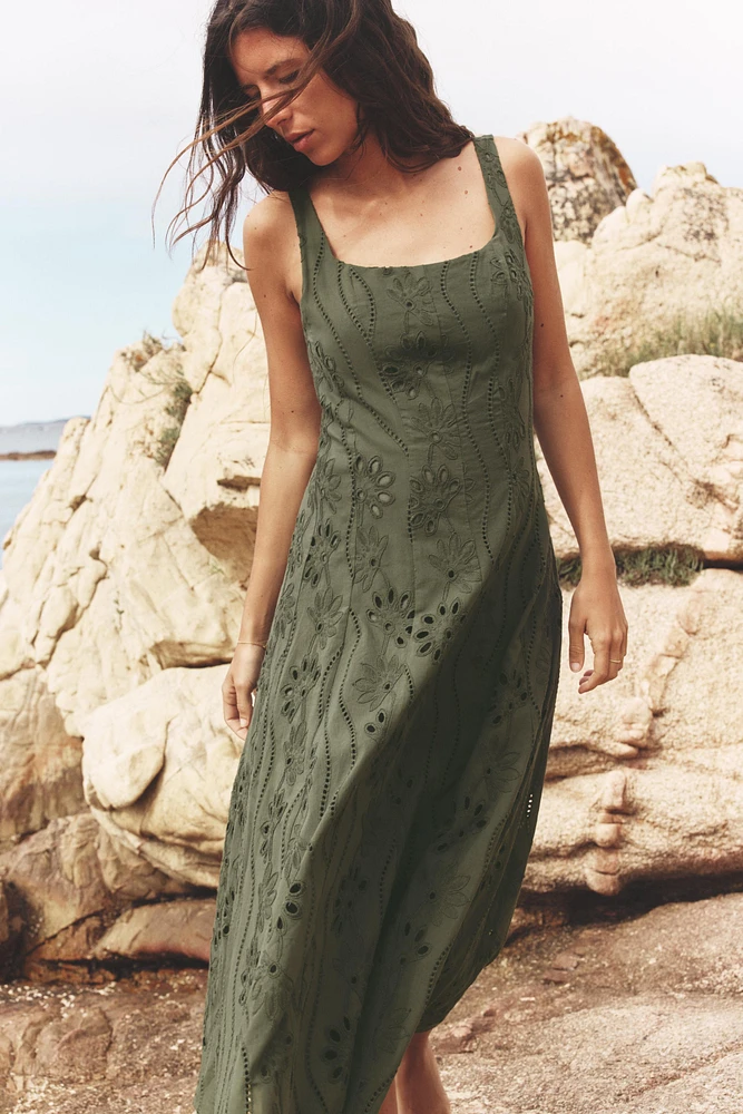 EMBROIDERED EYELET MIDI DRESS