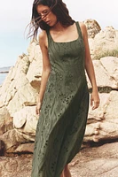 EMBROIDERED EYELET MIDI DRESS