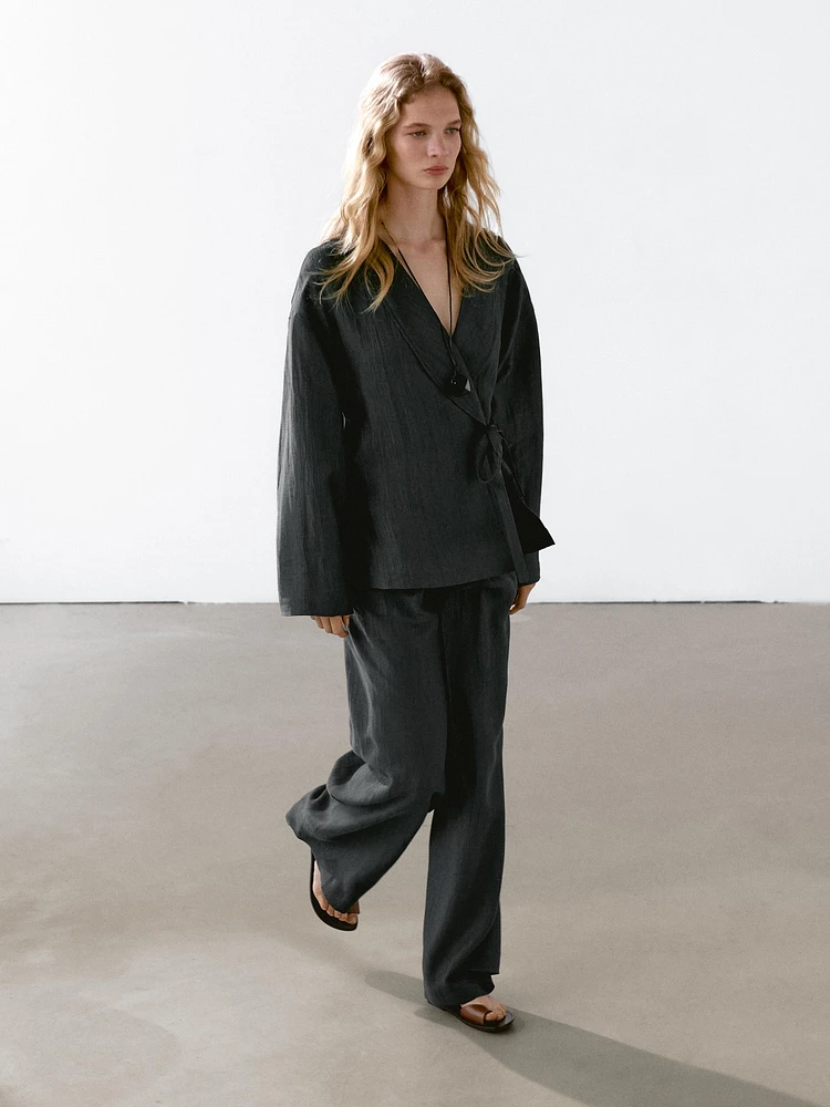 Pantalon large lin mélangé