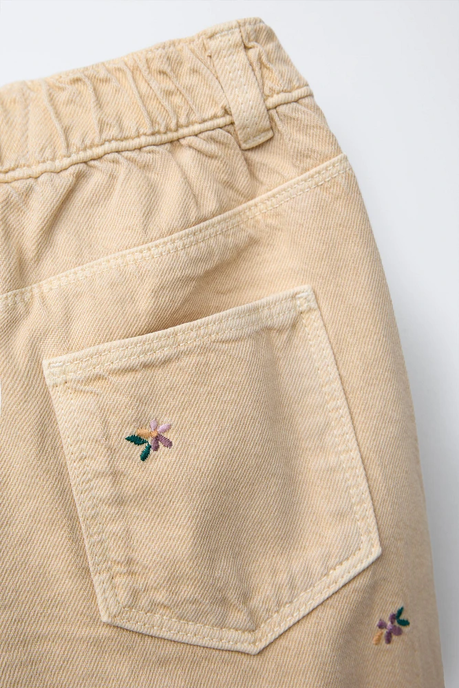 EMBROIDERED FLORAL BALLOON TWILL PANTS