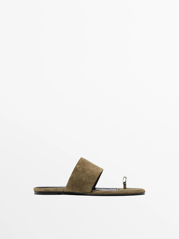 Split suede flat slider sandals with ring detail