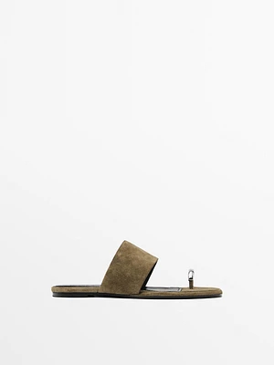 Split suede flat slider sandals with ring detail