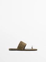 Split suede flat slider sandals with ring detail