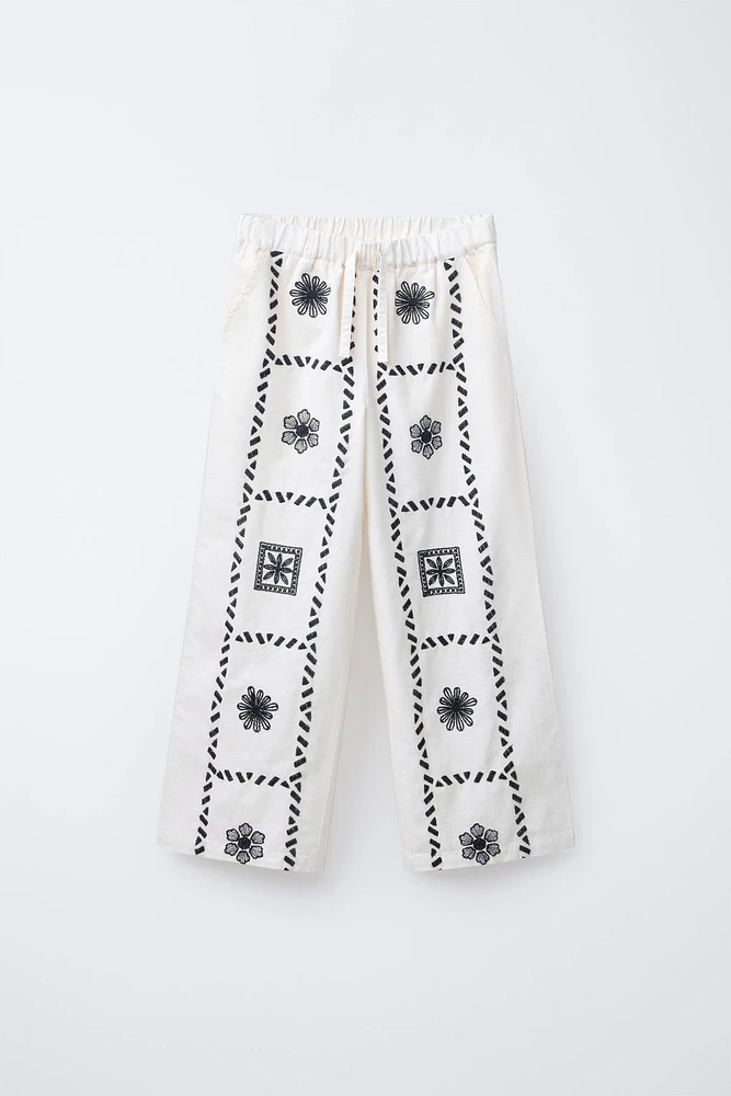 EMBROIDERED LINEN-BLEND PANTS