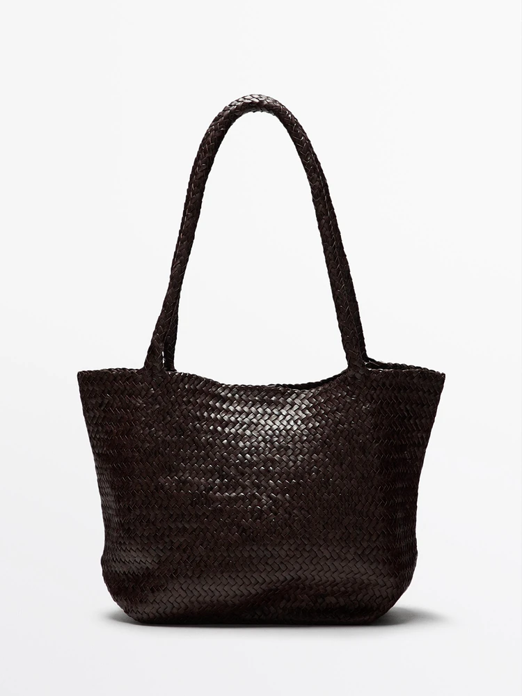 Tote bag grand format tressé en cuir nappa