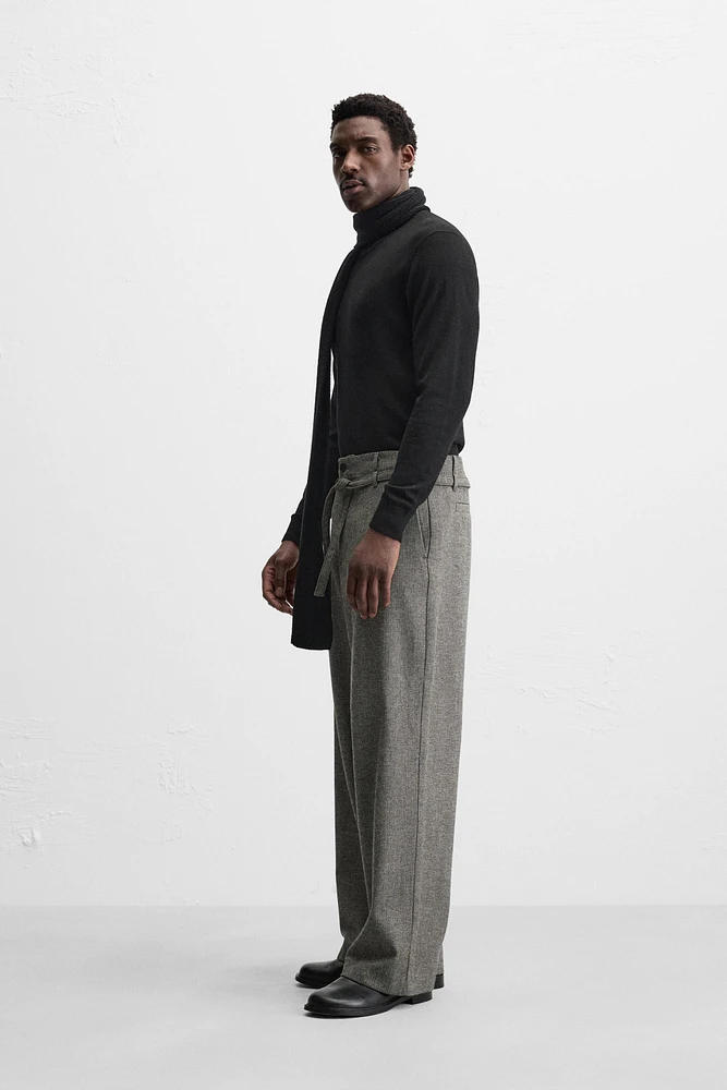 BELTED HERRINGBONE PANTS