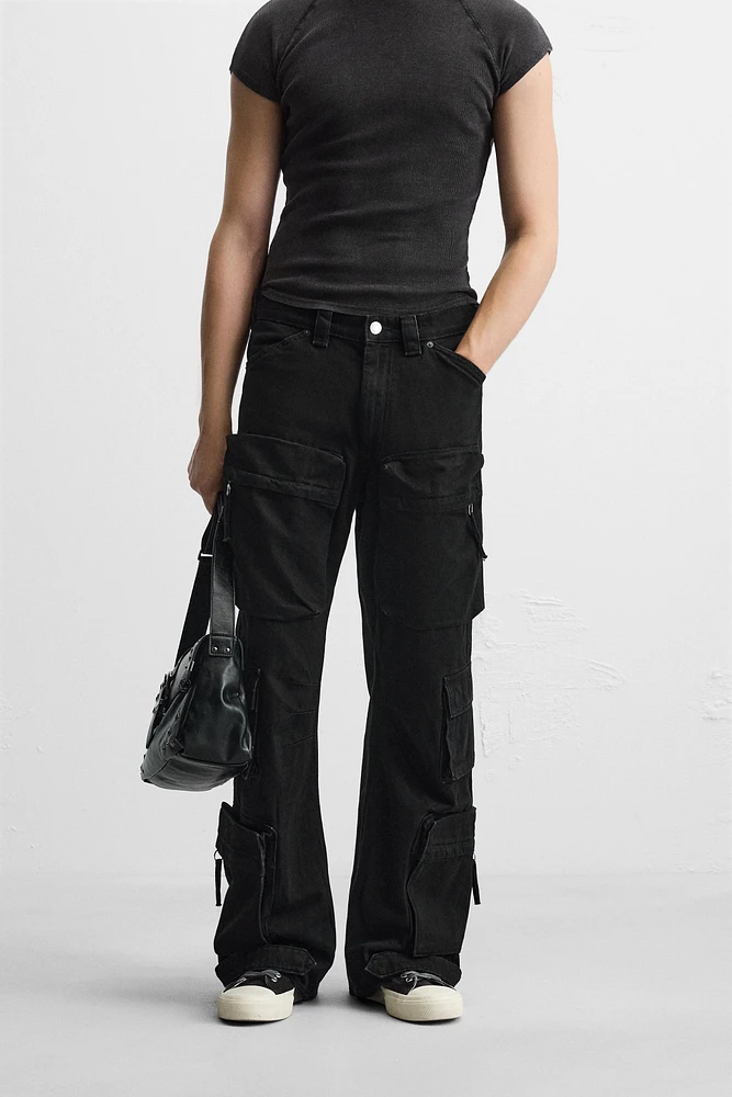 DENIM CARGO PANTS WITH POCKETS