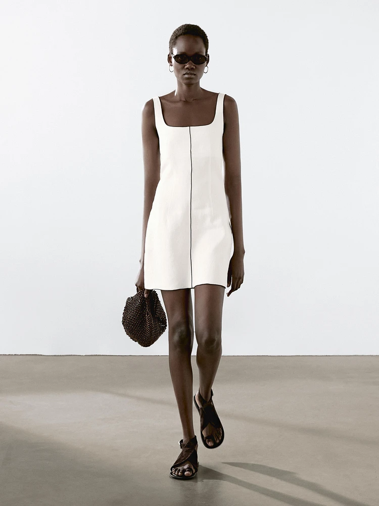 Linen mini dress with contrast trims