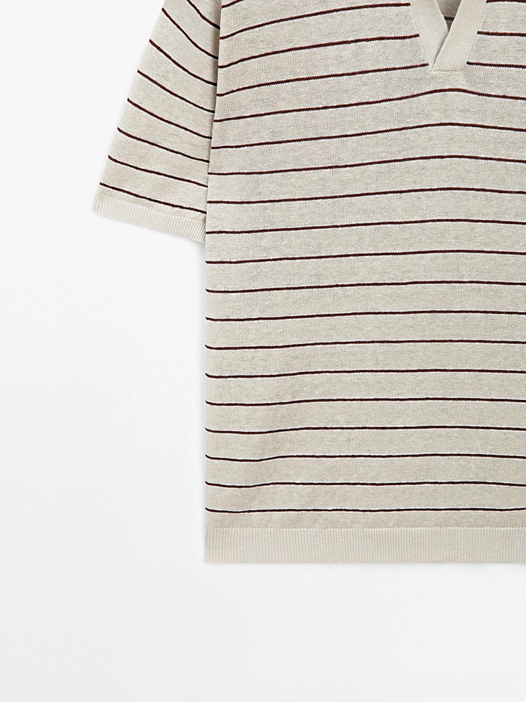 100% linen striped knit polo shirt