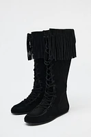 FRINGE LACE-UP SPLIT LEATHER BOOTS