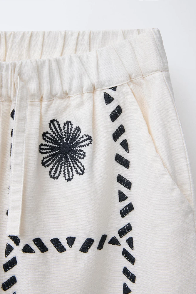 EMBROIDERED LINEN-BLEND PANTS