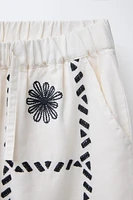 EMBROIDERED LINEN-BLEND PANTS