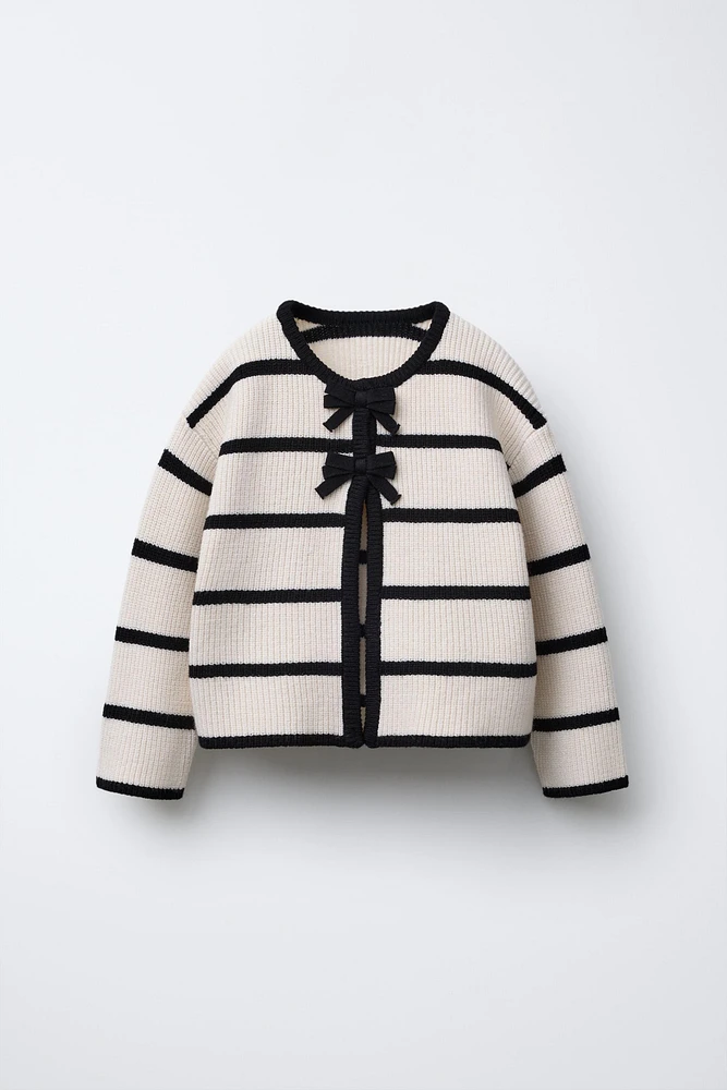 STRIPED KNIT BOWS CARDIGAN