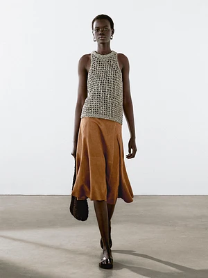 Jupe midi ample en cuir et daim