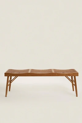 WOOD AND RATTAN BENCH