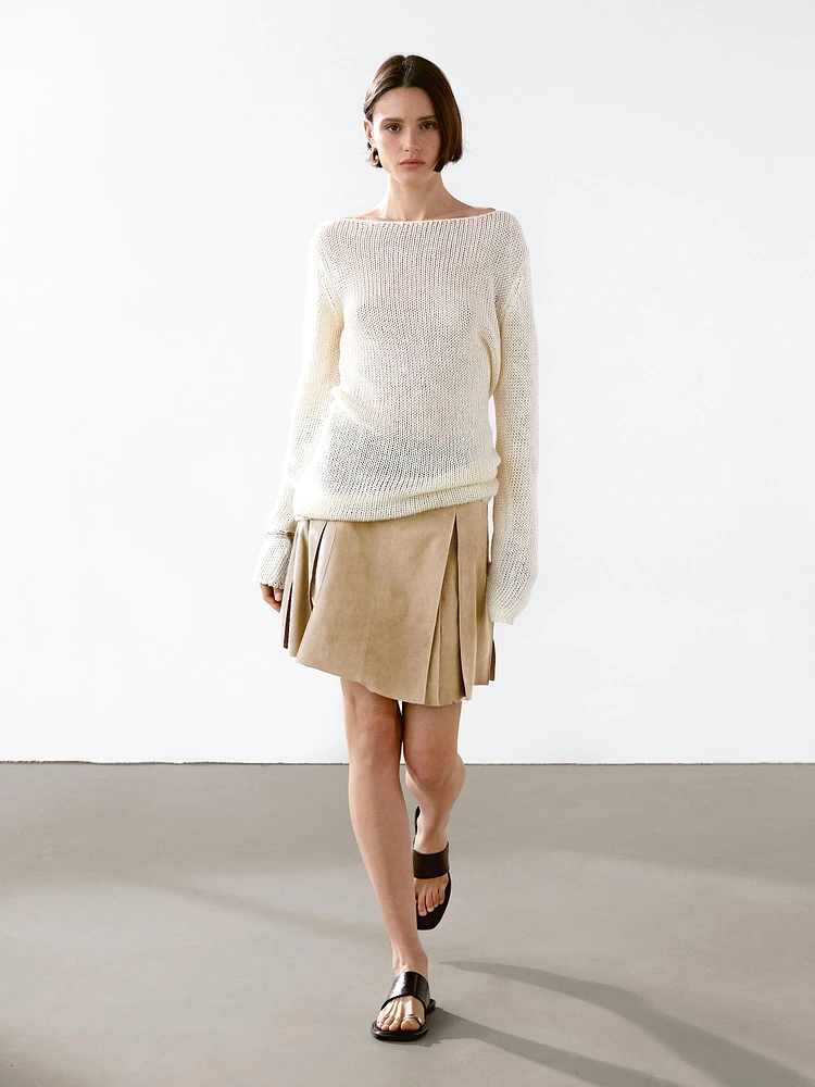 Pleated suede leather skirt