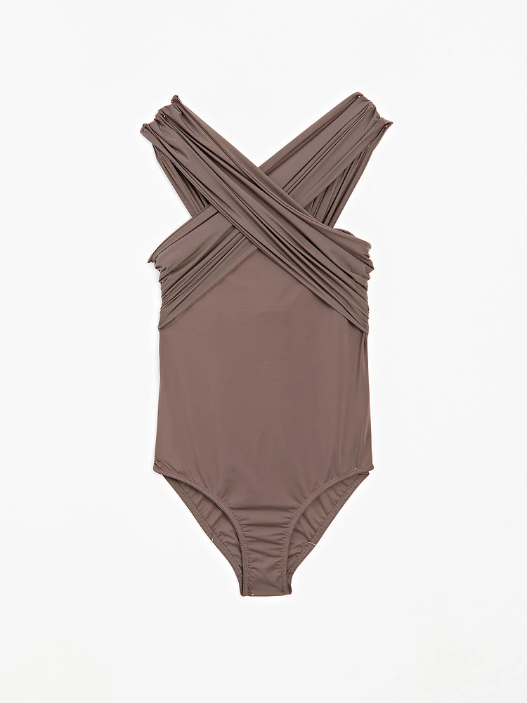 Bandeau swimsuit with criss-cross straps