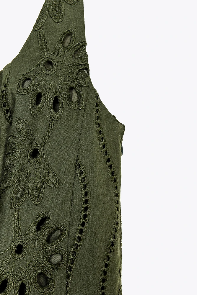 EMBROIDERED EYELET MIDI DRESS
