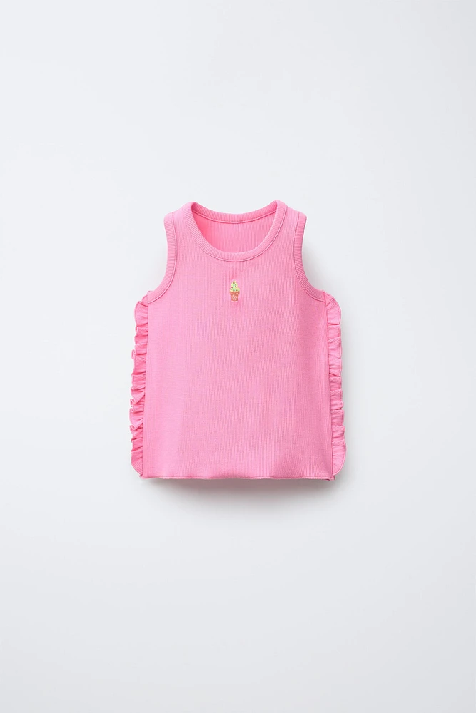 EMBROIDERED RUFFLE RIB TANK