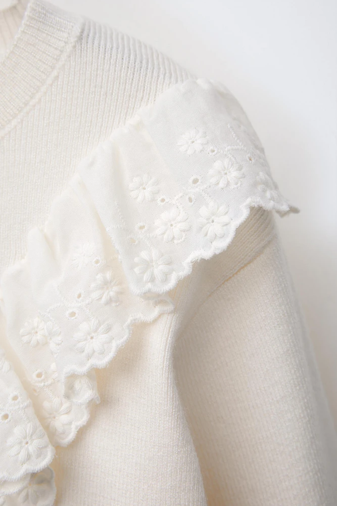 EMBROIDERED LACE TRIM KNIT SWEATER